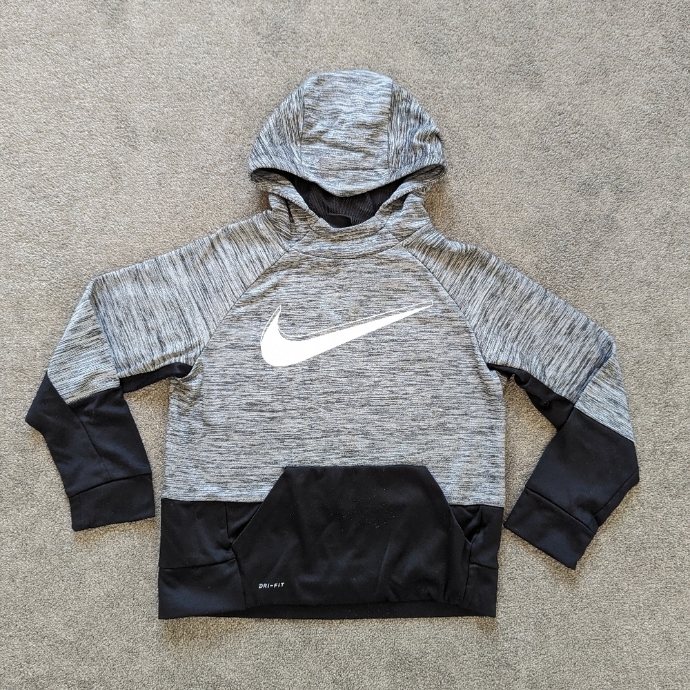 Nike Kids Grey and Black Hooded Sweatshirt with White Swoosh